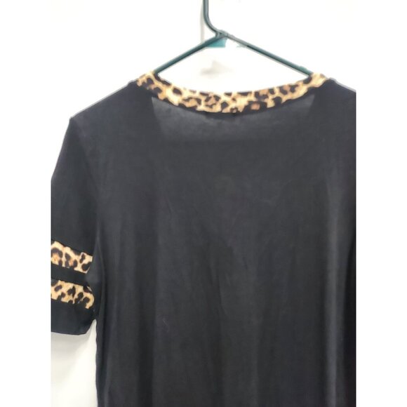 Egs Womens Black Animal Print Trim Tunic Top Medium Short Sleeve V Neck BOHO Tee - Picture 7 of 7